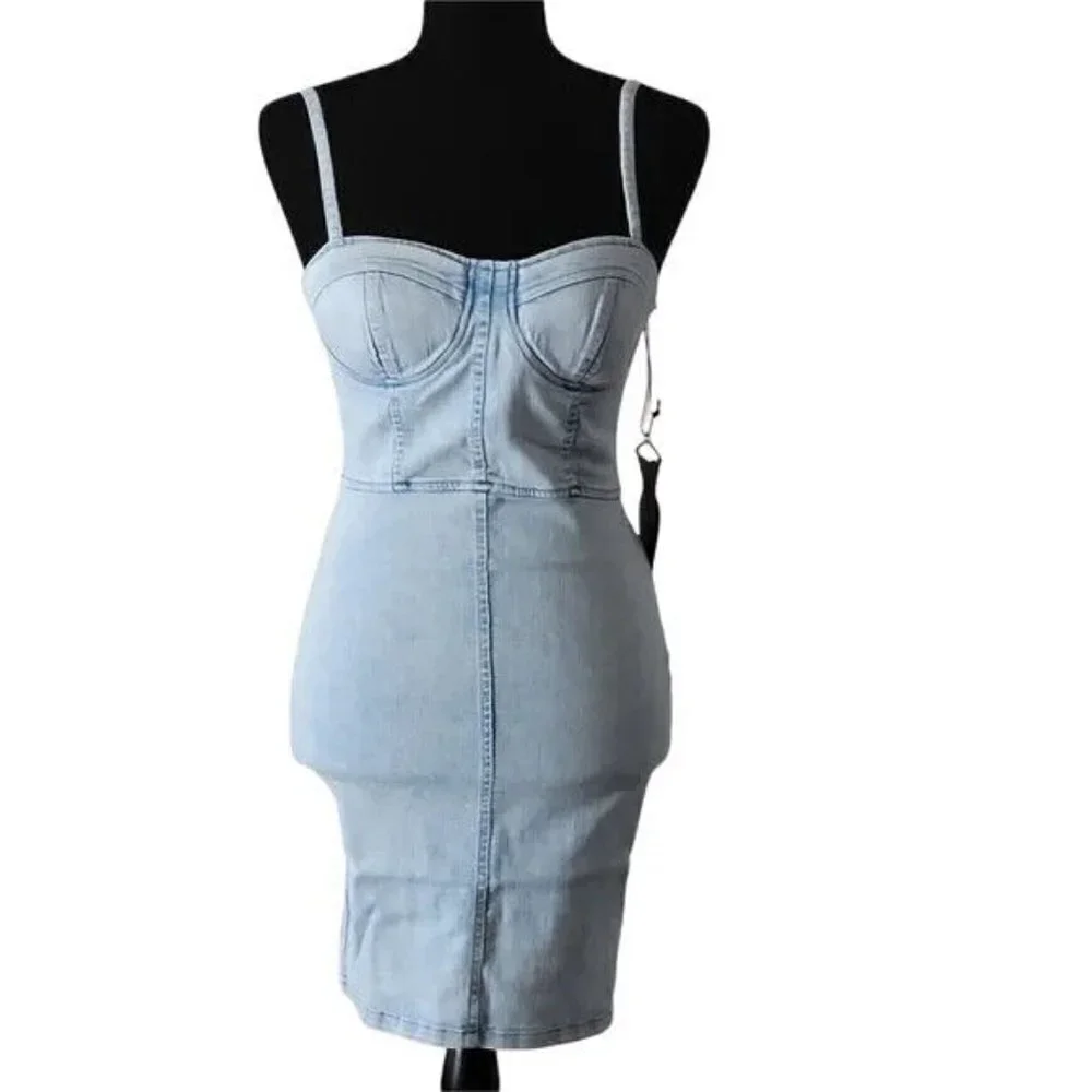 Acid Wash Sweetheart Neckline Denim Bustier Mini Dress with Stretch - Picture 7 of 12